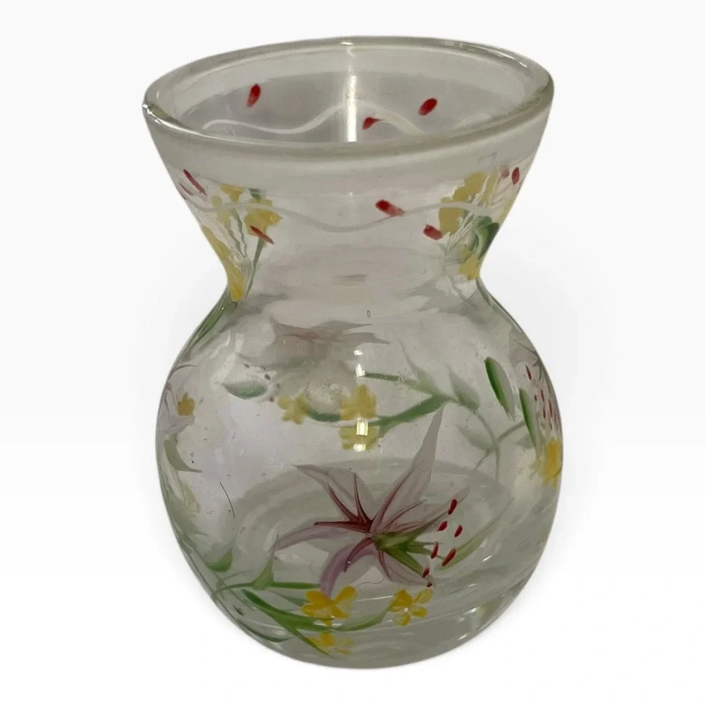 Small Hand-Painted Floral Glass Vase Clear Yellow Red Green Bud Flower Art Decor